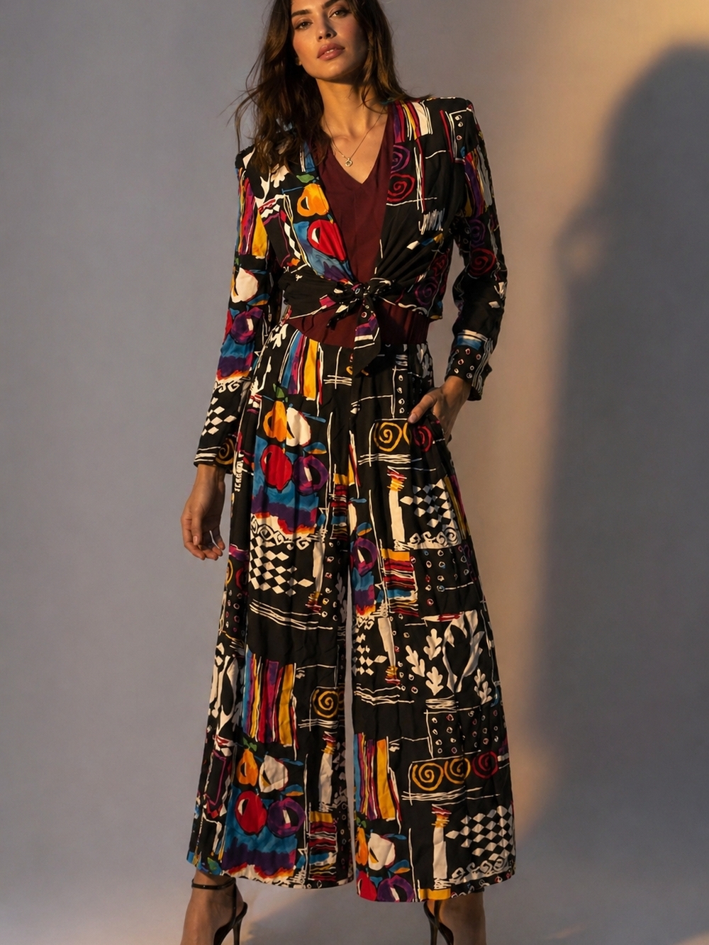 Vintage Abstract Print Art Jumpsuit Wide Leg Mid Structured Shouler 90s Retro